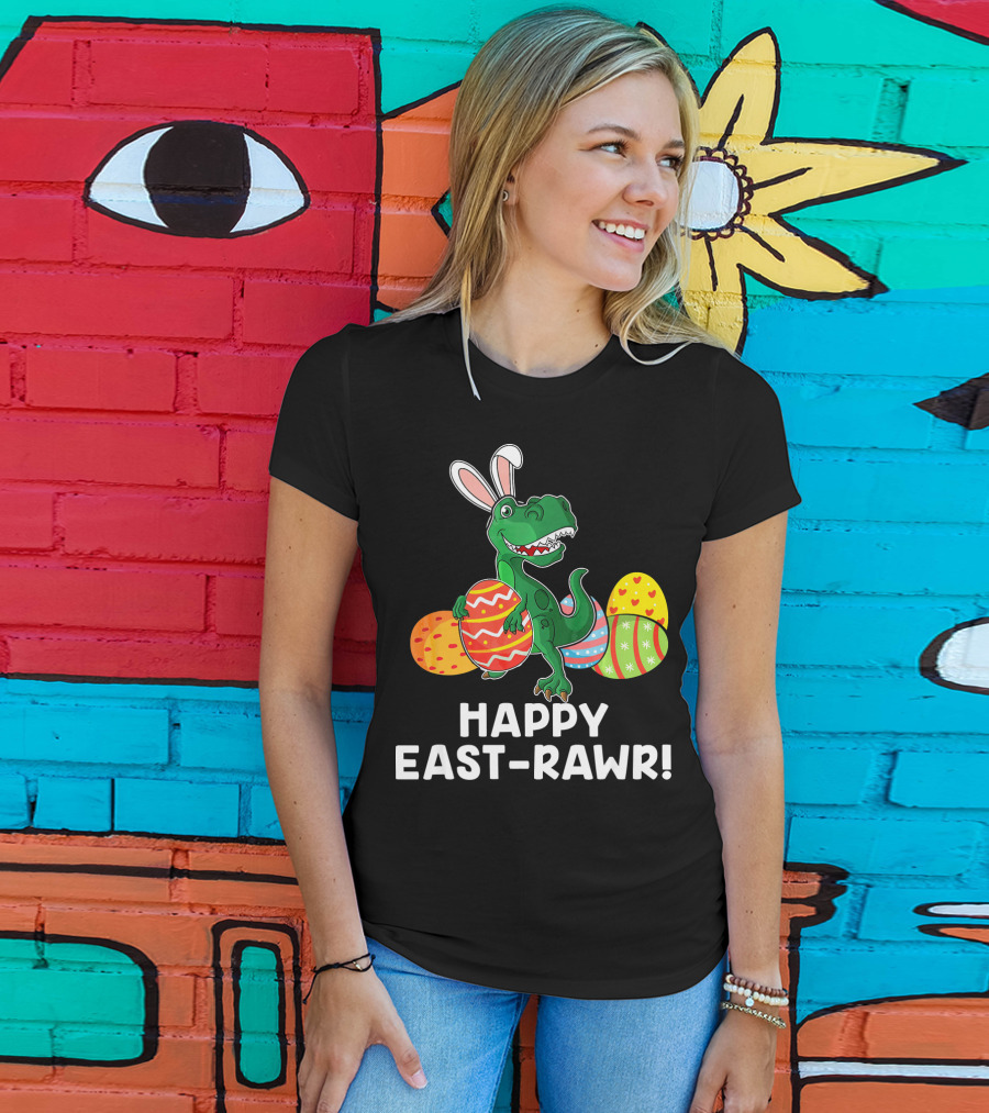 Happy East-Rawr Rex Bunny With Easter Eggs T-Shirt