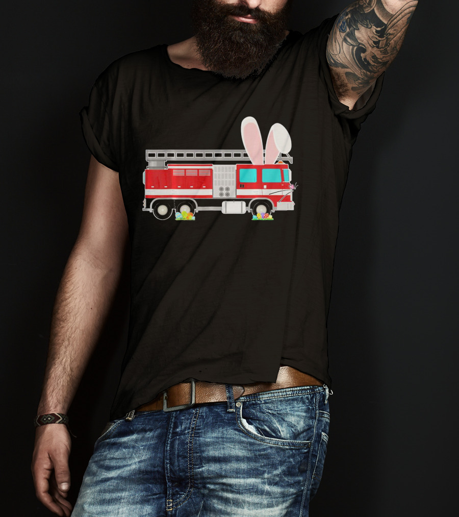 Easter Bunny Ear Fire Truck With Eggs And Carrots T-Shirt