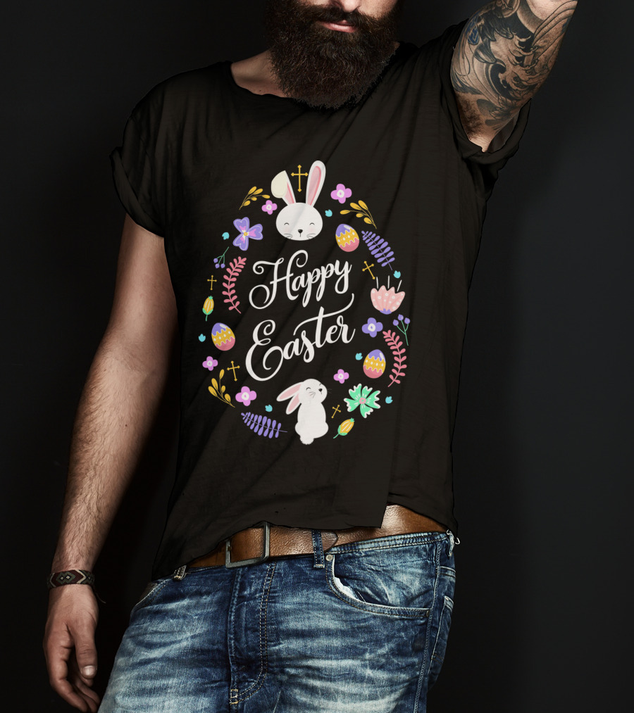 Happy Easter Christian Bunny Eggs Flowers Crosses T-Shirt