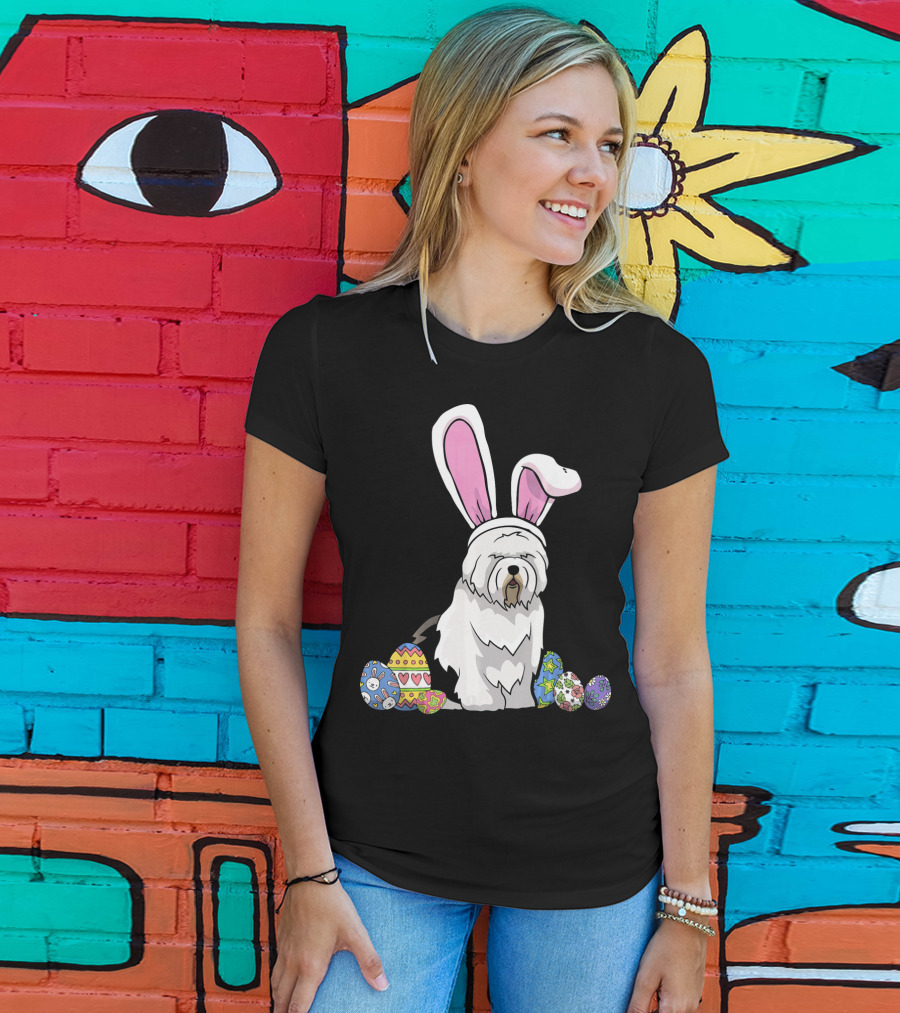 Old English Sheepdog Dressed As Easter Bunny With Colorful Eggs T-Shirt
