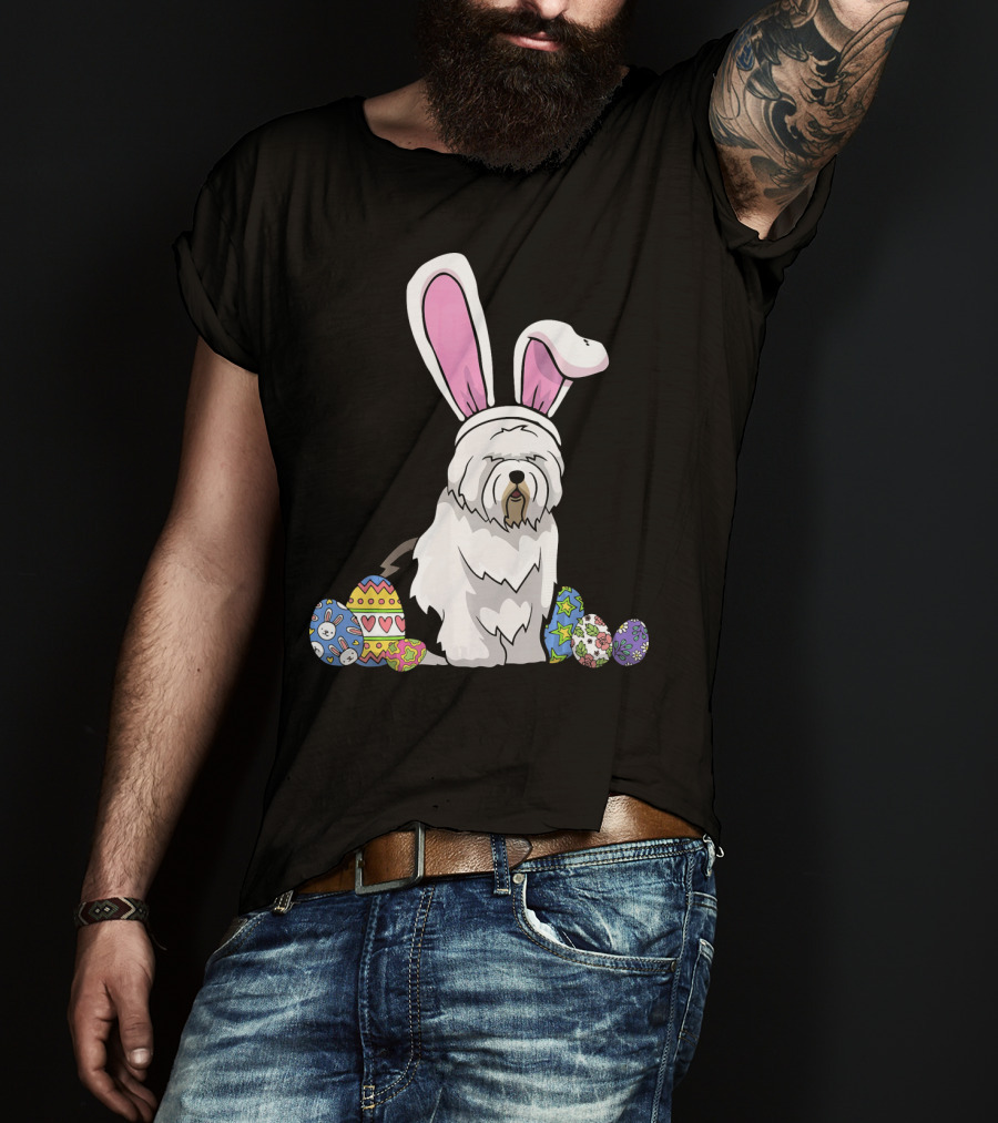 Old English Sheepdog Dressed As Easter Bunny With Colorful Eggs T-Shirt