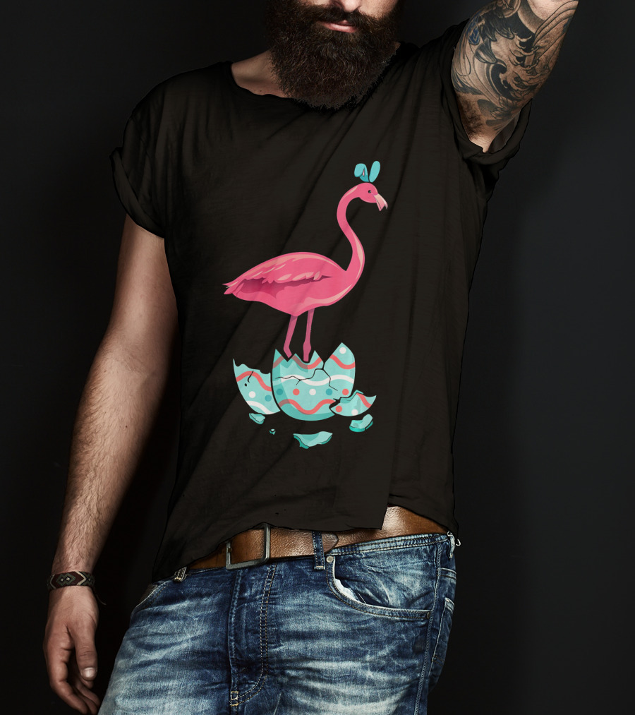 Funny Pink Flamingo On Easter Egg Bun With Bow T-Shirt