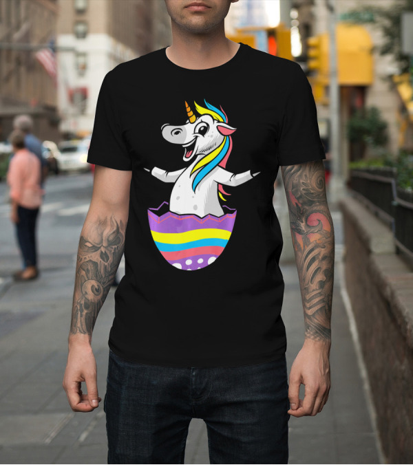 Shirt: Easter Unicorn in Colorful Striped Egg T-Shirt Easter Unicorn in Colorful Striped Egg T-Shirt