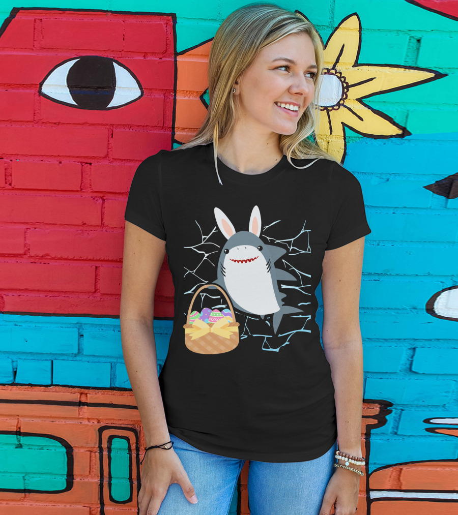 Easter Bunny Shark With Basket Of Eggs And Funny Expression T-Shirt