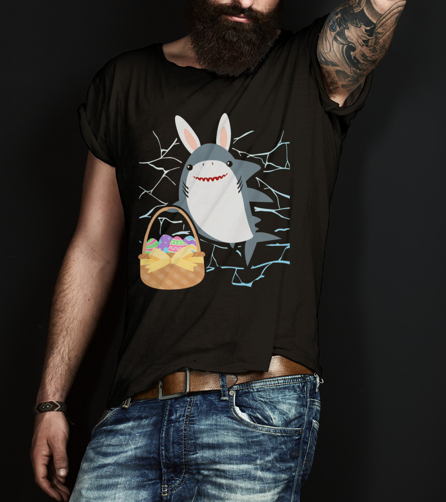 Easter Bunny Shark With Basket Of Eggs And Funny Expression T-Shirt