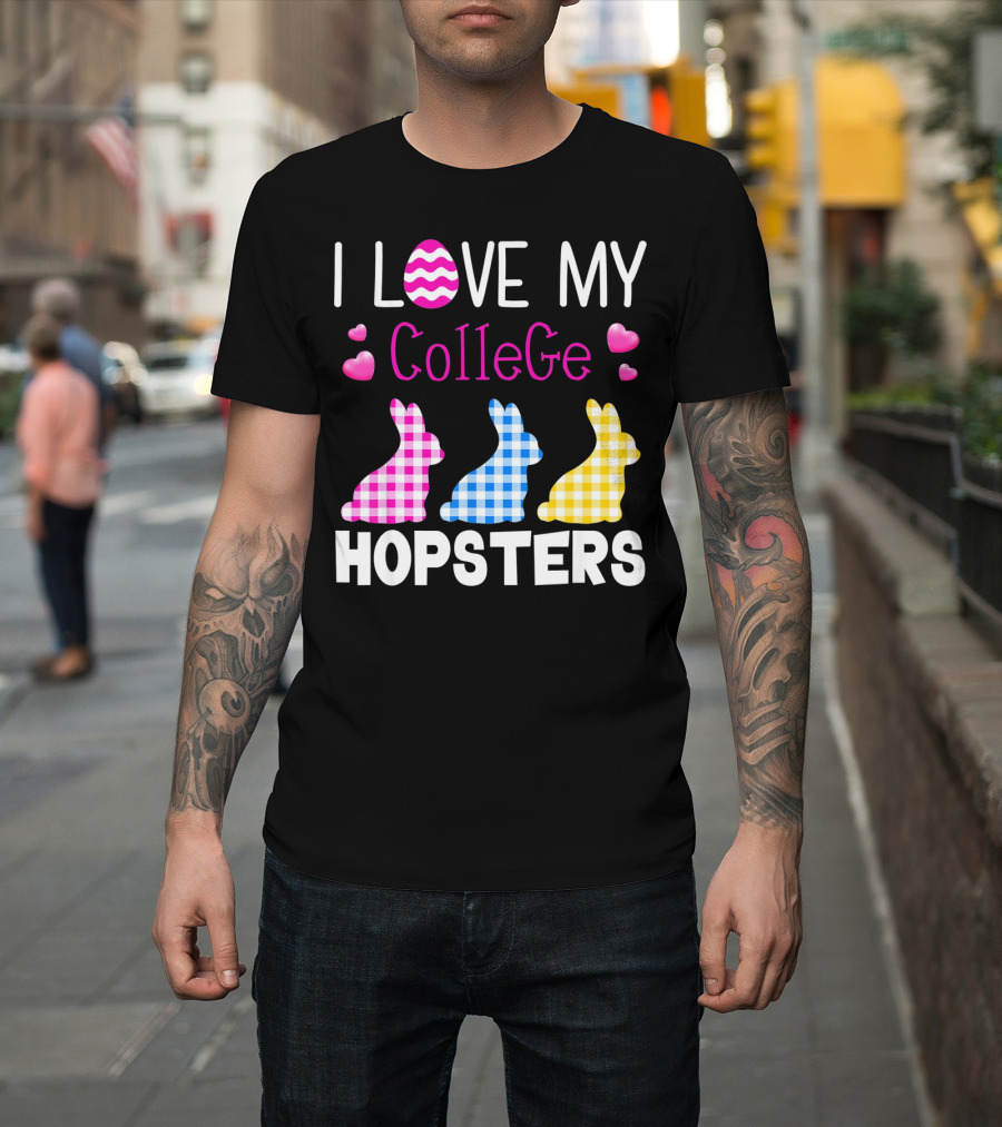 I Love My College Hopsters Easter Bunnies Plaid Hearts T-Shirt
