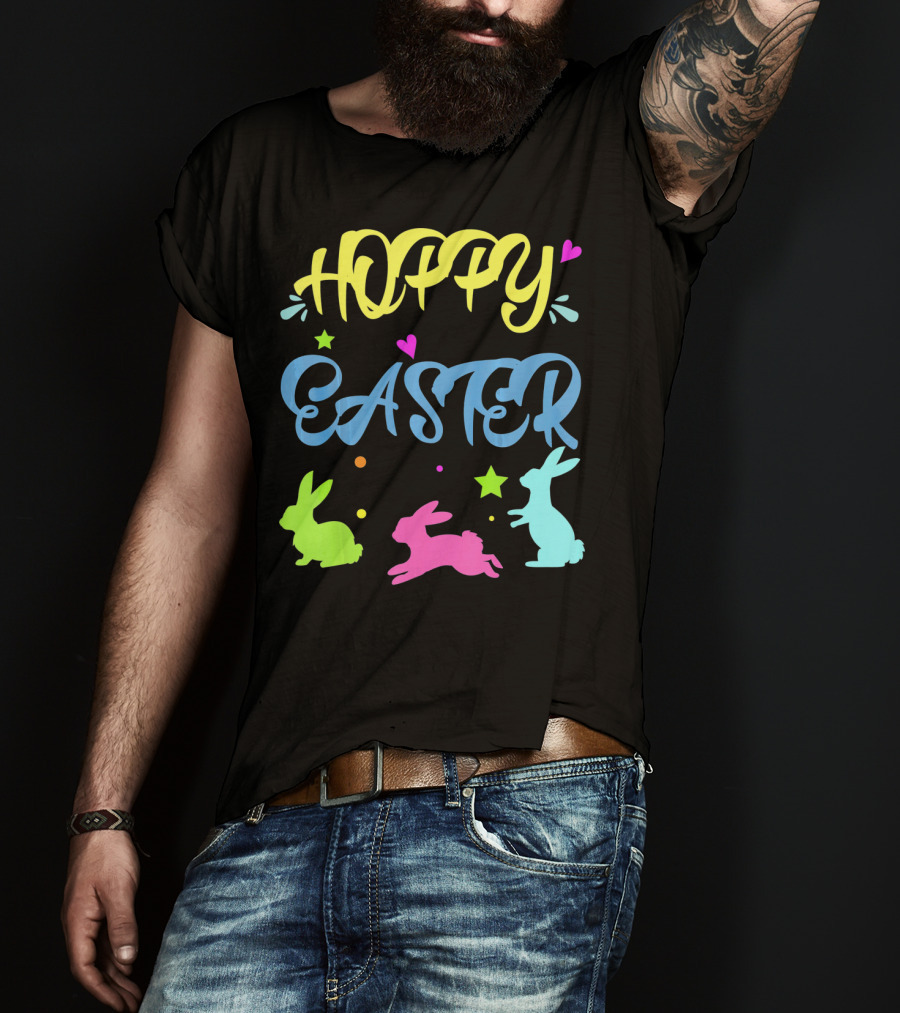Hoppy Easter Novelty Orthodox Colorful Bunny Silhouettes With Hearts And Stars T-Shirt