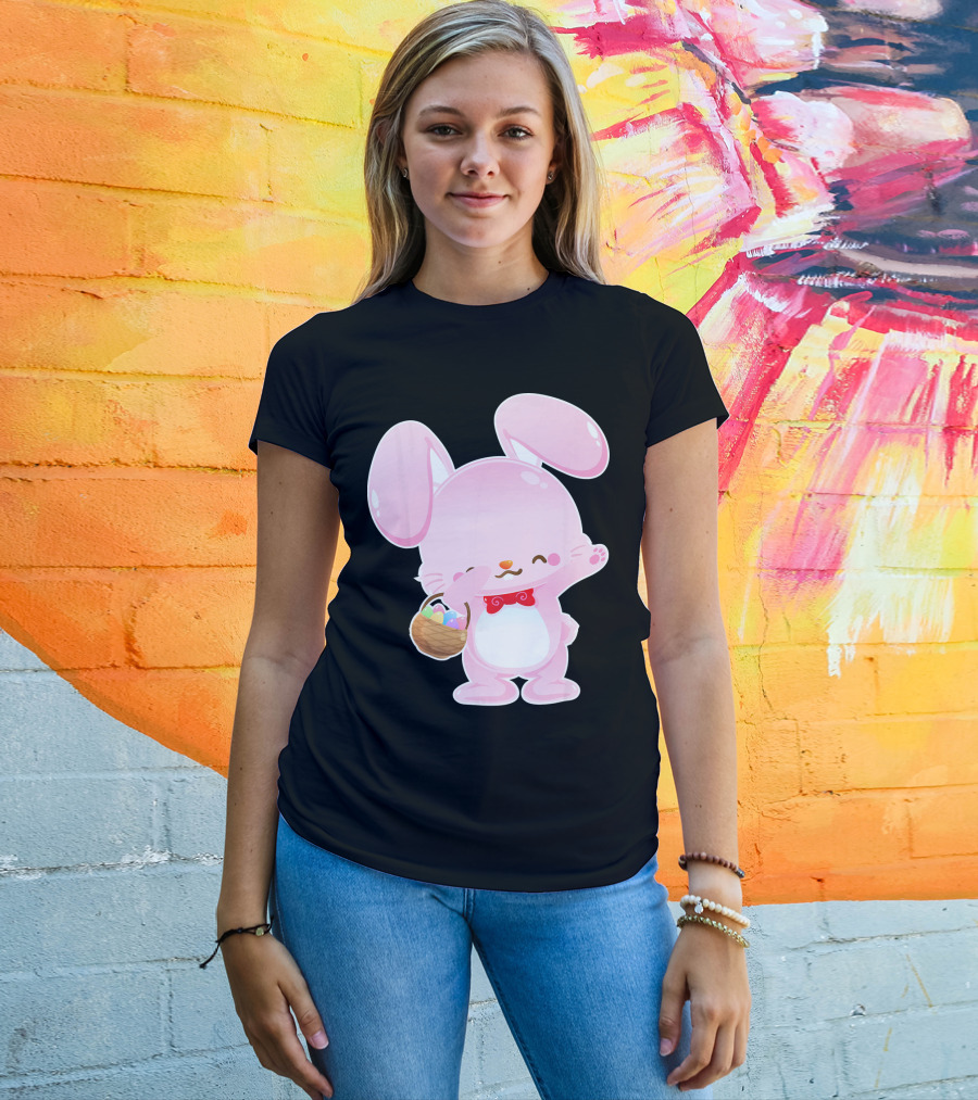 Dabbing Pink Easter Bunny With Egg Basket T-Shirt