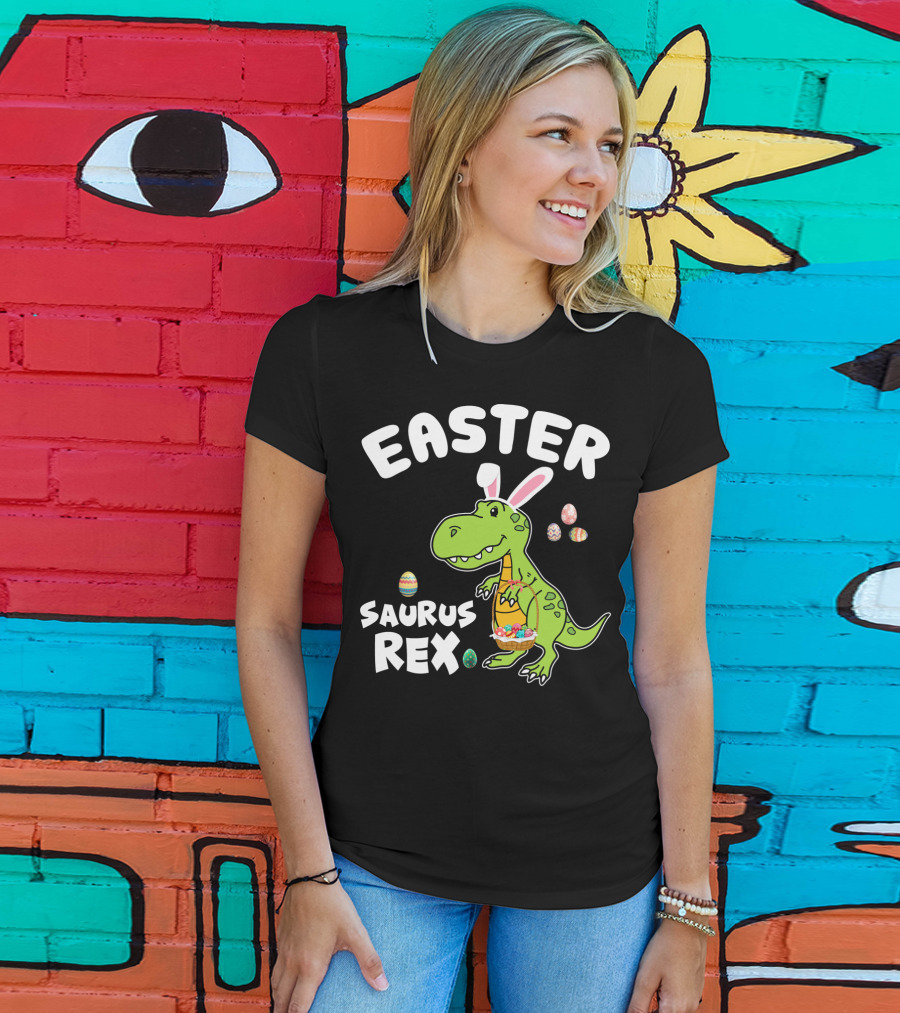 Easter Saurus Rex Dinosaur With Bunny Ears And Colorful Eggs T-Shirt