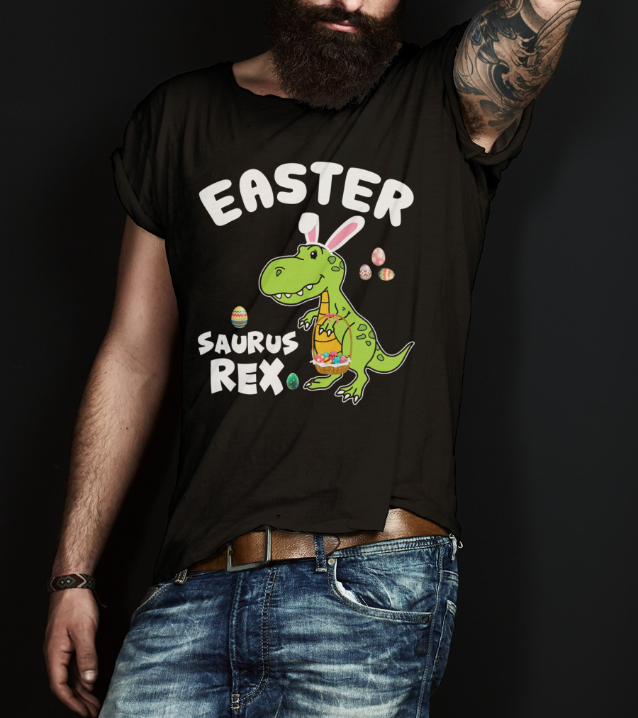 Easter Saurus Rex Dinosaur With Bunny Ears And Colorful Eggs T-Shirt