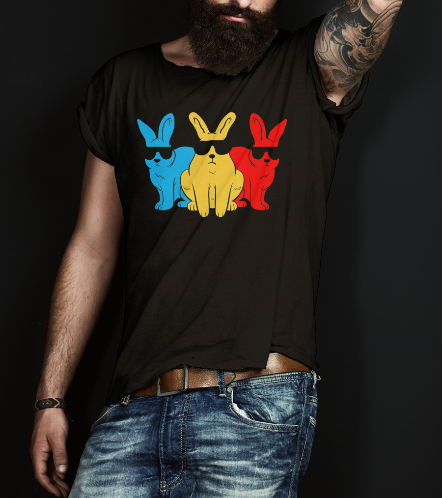 Hip Trio Bunnies Shades Funny Hipster Blue Yellow Red T-Shirt