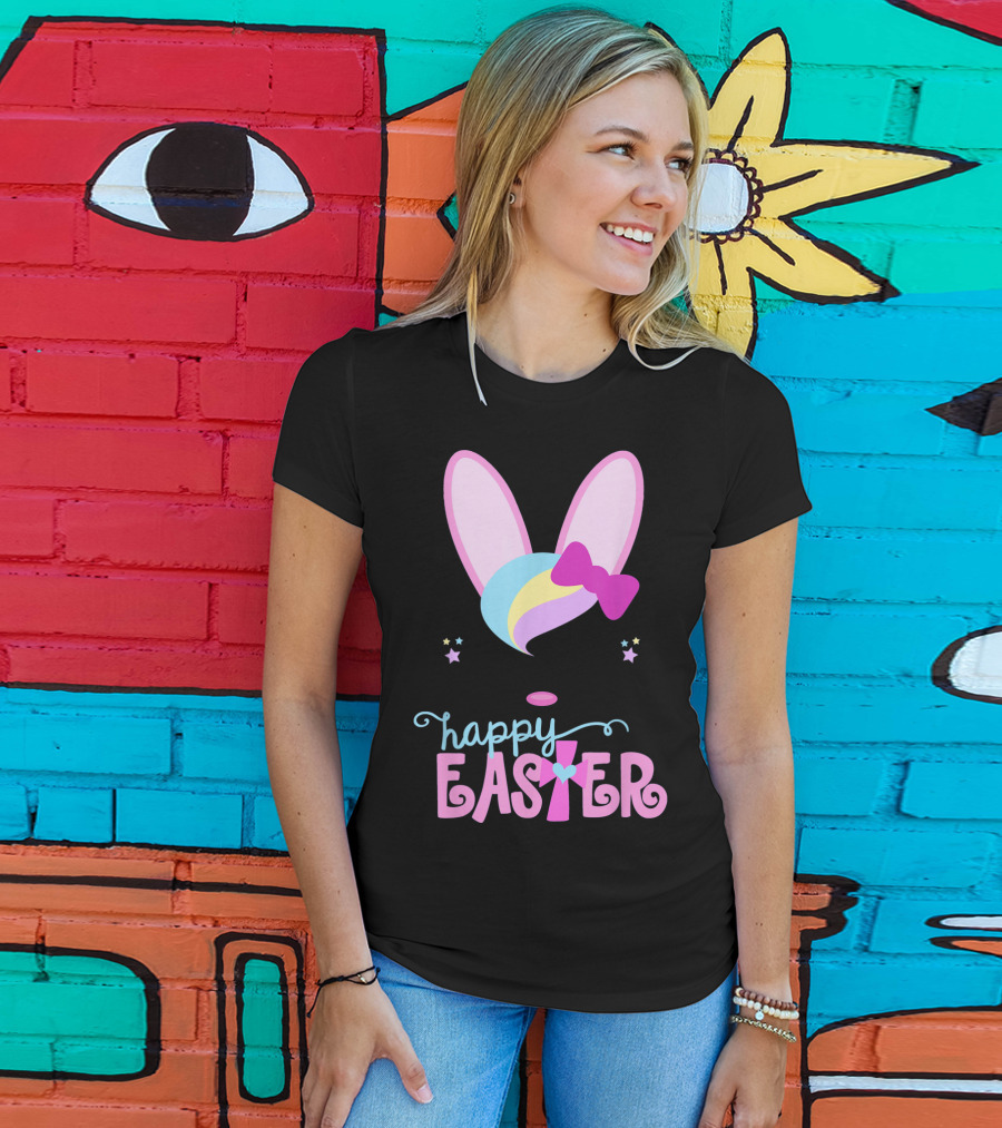 HAPPY EASTER Bunny Face Girls Bow Stars Colorful Ears T-Shirt