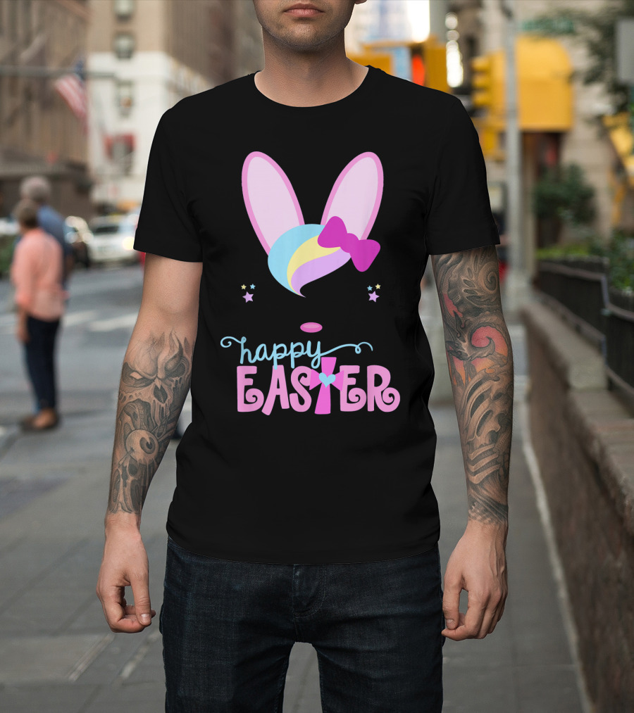 HAPPY EASTER Bunny Face Girls Bow Stars Colorful Ears T-Shirt
