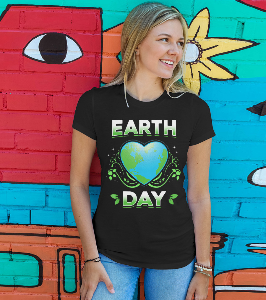 Earth Day Heart With Green Leaves And Swirls T-Shirt