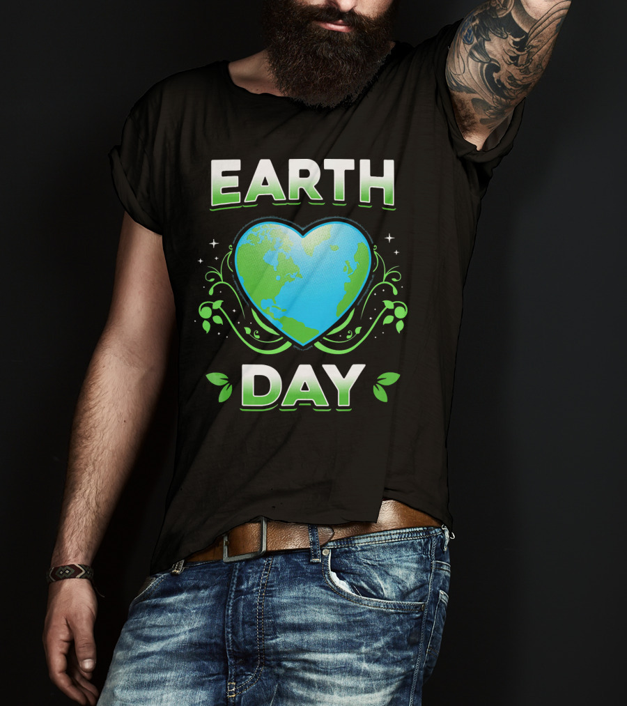 Earth Day Heart With Green Leaves And Swirls T-Shirt