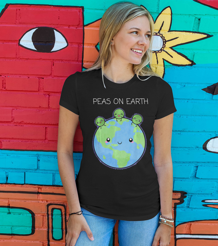 Peas On Earth Cute Cartoon Planet With Happy Faces T-Shirt