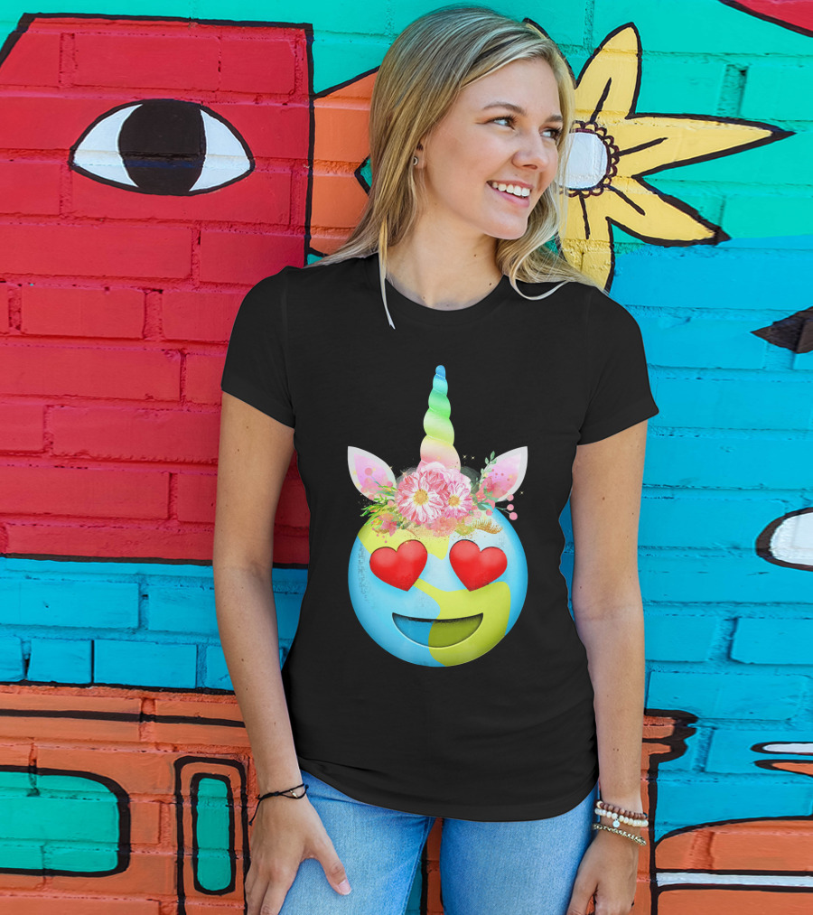 Heart Eyes Unicorn Earth Day Emoji Floral Mane T-Shirt