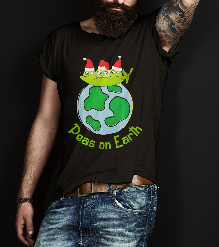 Christmas Peas On Earth With Santa Hat Vegetables On Globe T-Shirt