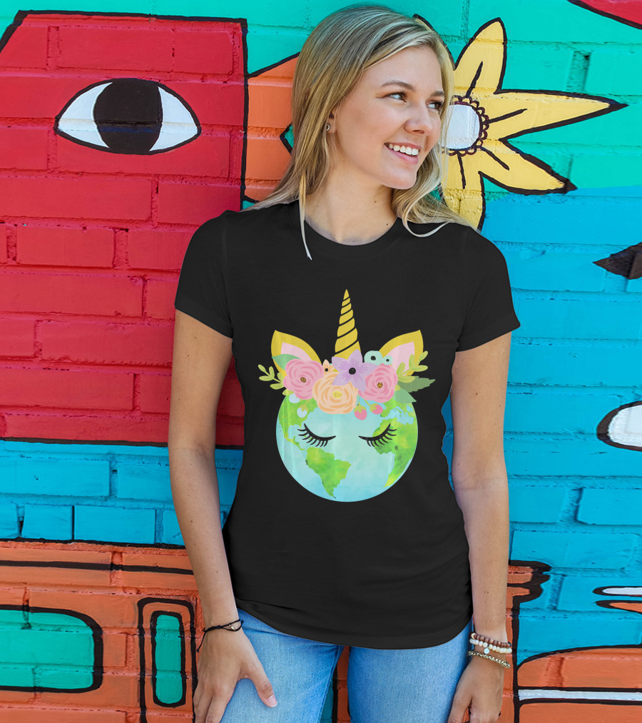 Floral Unicorn Globe For Earth Day T-Shirt