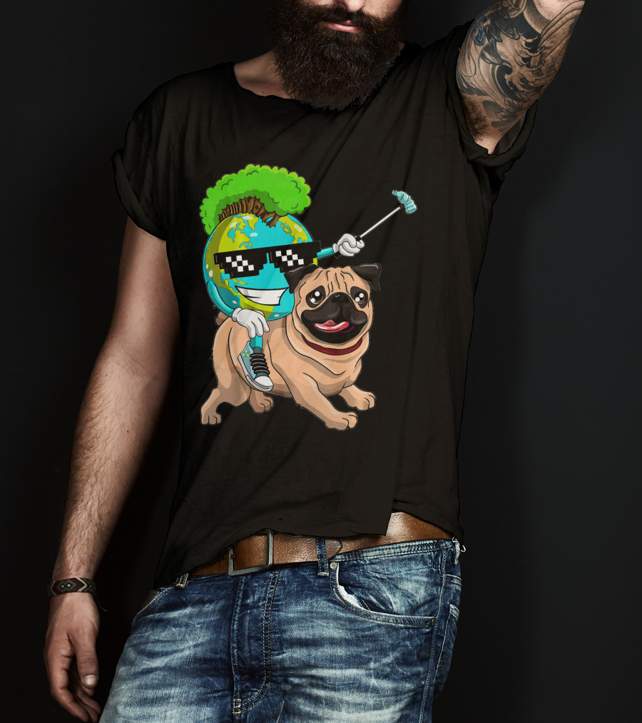 Earth Day Pug With Cool Recycling Globe And Sunglasses T-Shirt