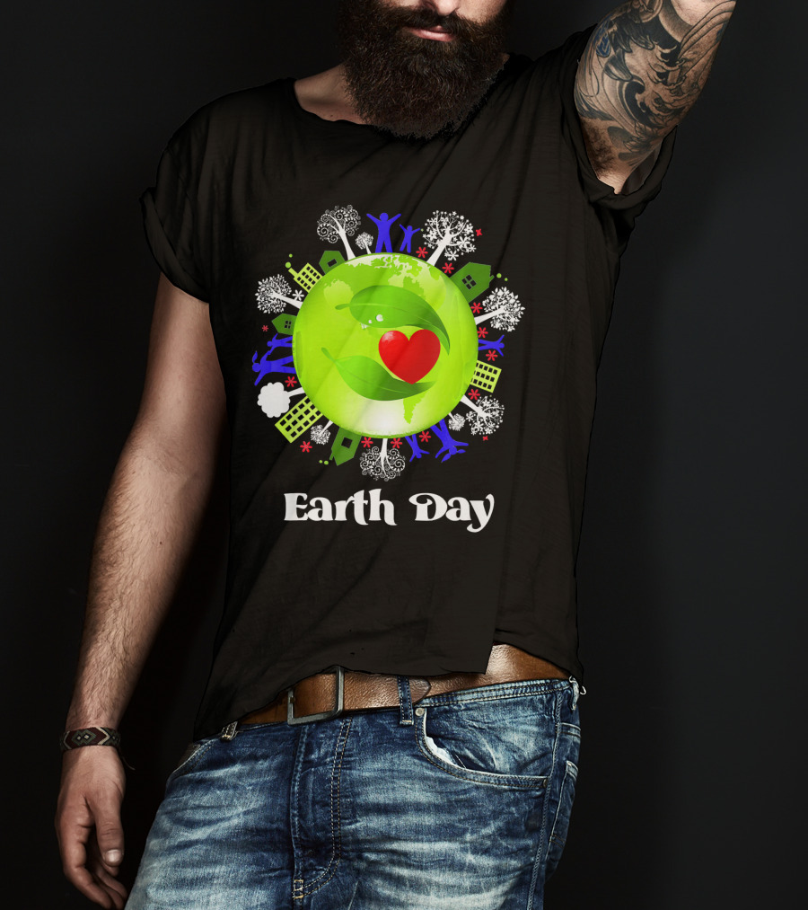 Earth Day Planet Earth Love With Leaf And Heart T-Shirt