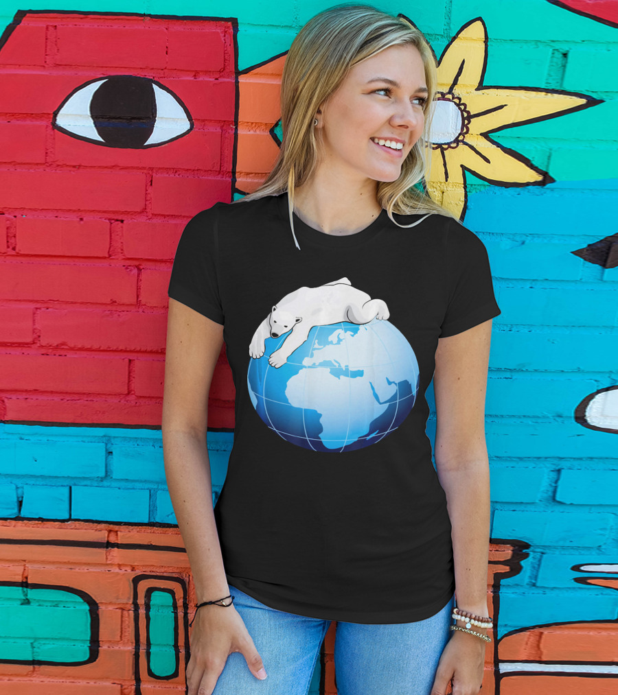 Cute Polar Bear Hugging Earth For Earth Day T-Shirt