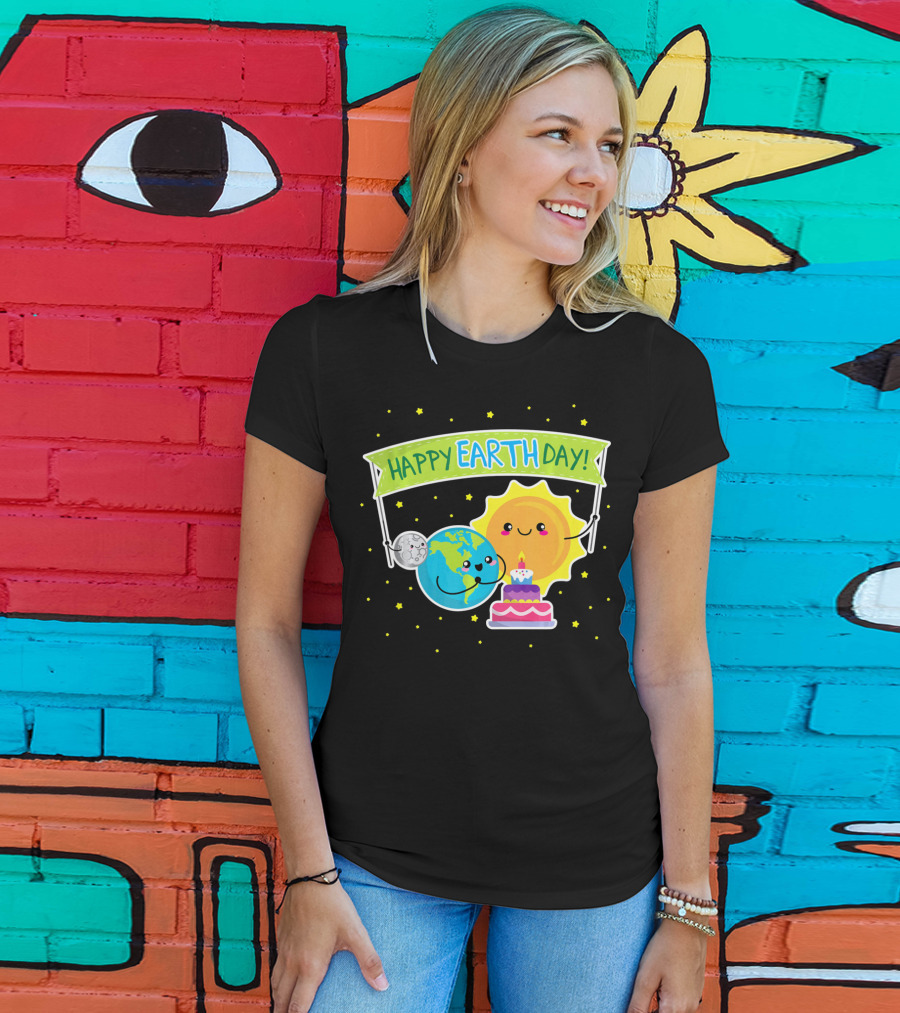 Happy Earth Day Cute Earth Sun Moon Cake T-Shirt