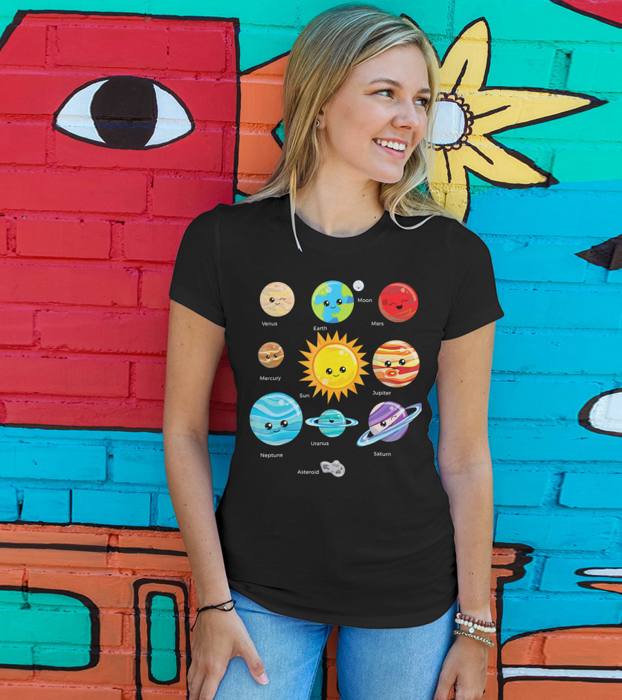 Solar System Planets Earth Moon Sun Venus Mars Mercury Jupiter Neptune Uranus Saturn Asteroid Cartoon T-Shirt