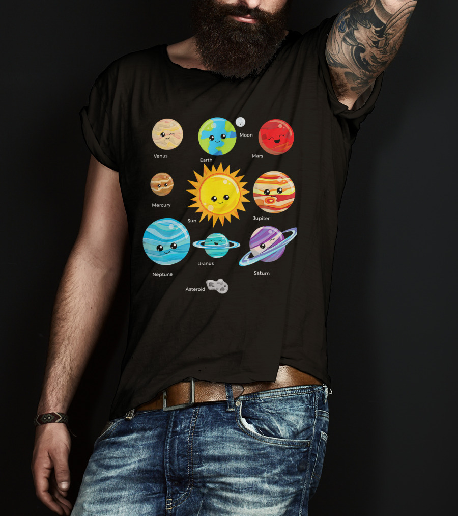 Solar System Planets Earth Moon Sun Venus Mars Mercury Jupiter Neptune Uranus Saturn Asteroid Cartoon T-Shirt
