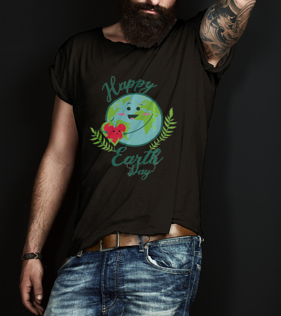 Happy Earth Day Smiling Planet With Heart And Leaves T-Shirt