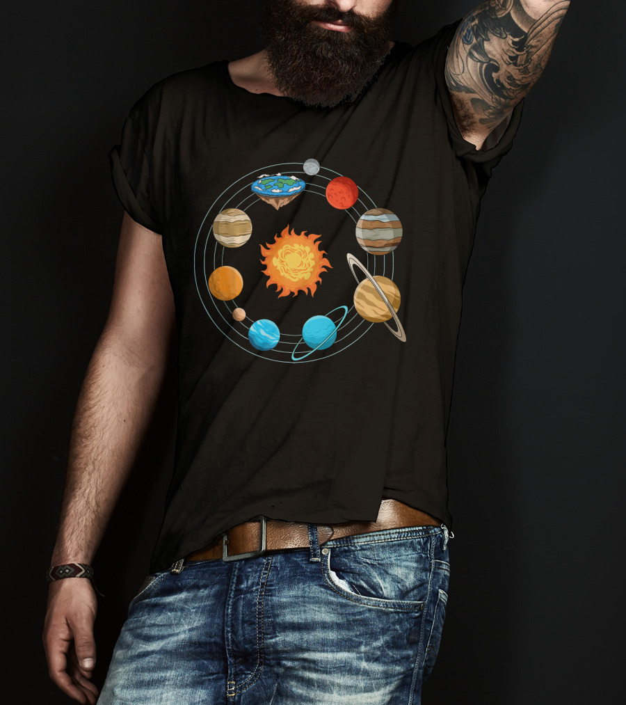 Flat Earth Joke Flat Earthers Solar System With Planets Orbiting Earth As A Disk T-Shirt