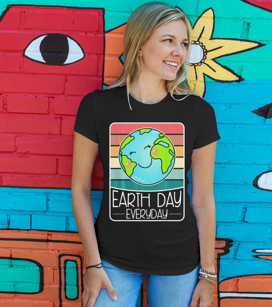 Earth Day Everyday Smiling Earth On Retro Stripes T-Shirt