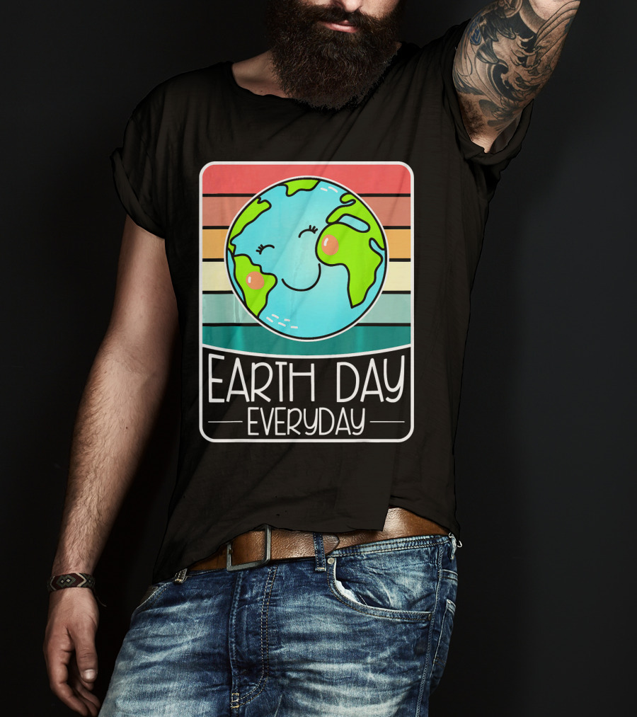 Earth Day Everyday Smiling Earth On Retro Stripes T-Shirt