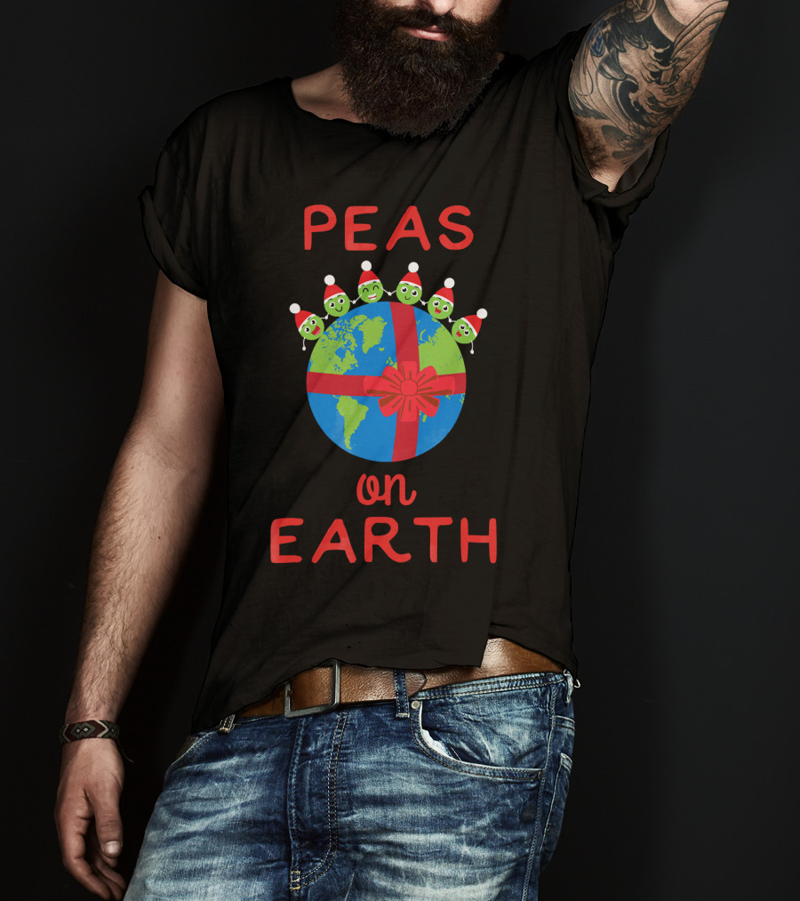 Peas On Earth World Peace Vegetables Santa Hat Planet Gift Bow T-Shirt