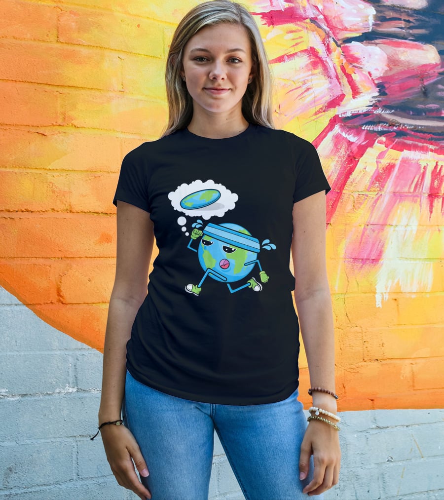 Flat Earth Gym Runner Cartoon With Sweatband And Sneakers T-Shirt