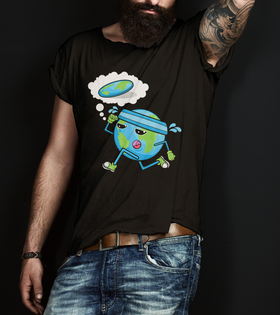Flat Earth Gym Runner Cartoon With Sweatband And Sneakers T-Shirt