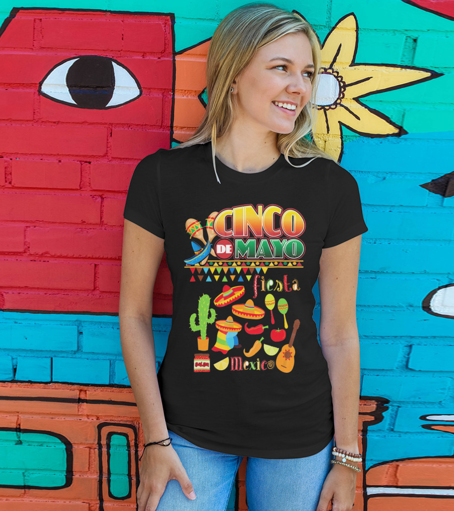 Cinco De Mayo Fiesta Mexico Cactus Sombrero Maracas Guitar Lime Chilli Peppers Icons T-Shirt