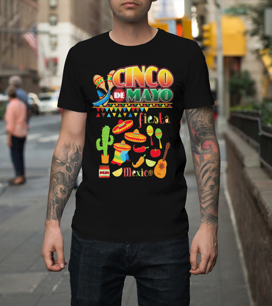Cinco De Mayo Fiesta Mexico Cactus Sombrero Maracas Guitar Lime Chilli Peppers Icons T-Shirt