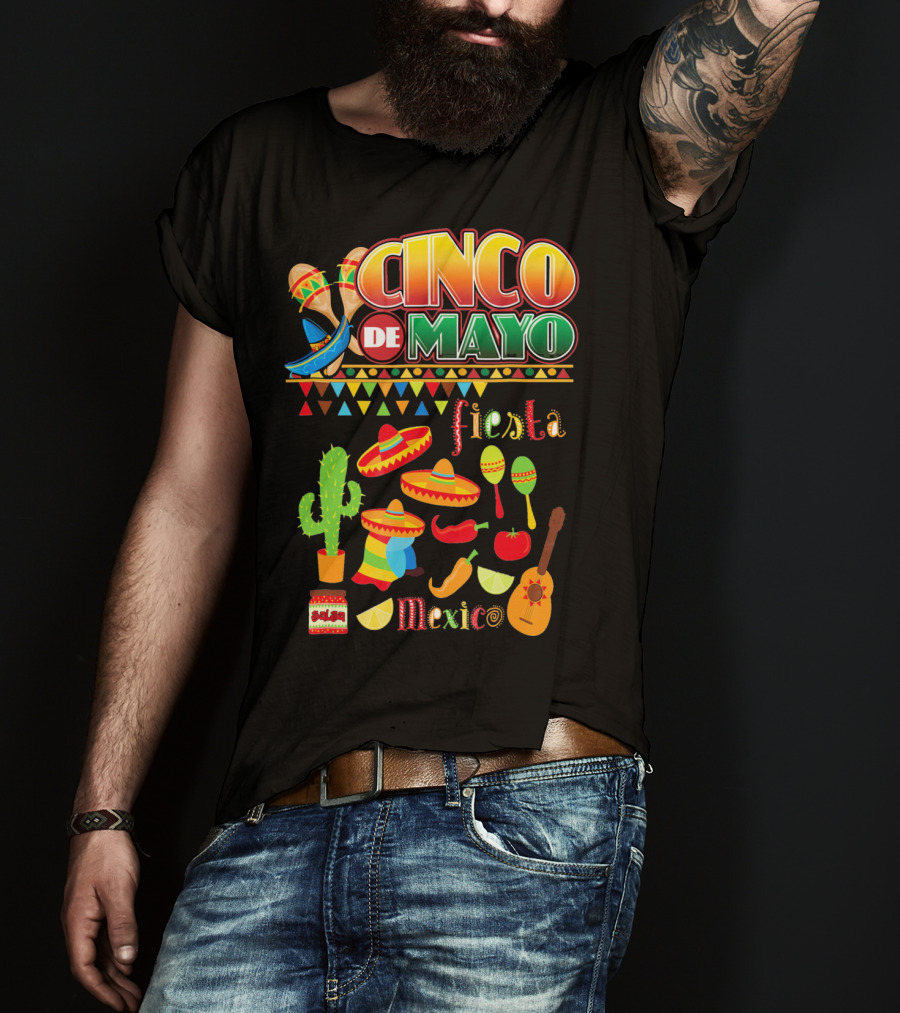 Cinco De Mayo Fiesta Mexico Cactus Sombrero Maracas Guitar Lime Chilli Peppers Icons T-Shirt