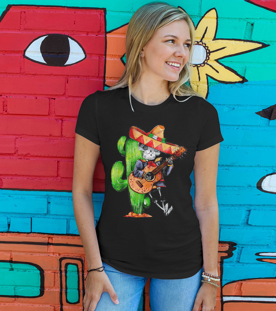 Mexican Independence Cinco De Mayo Mariachi Skeleton With Sombrero And Guitar T-Shirt