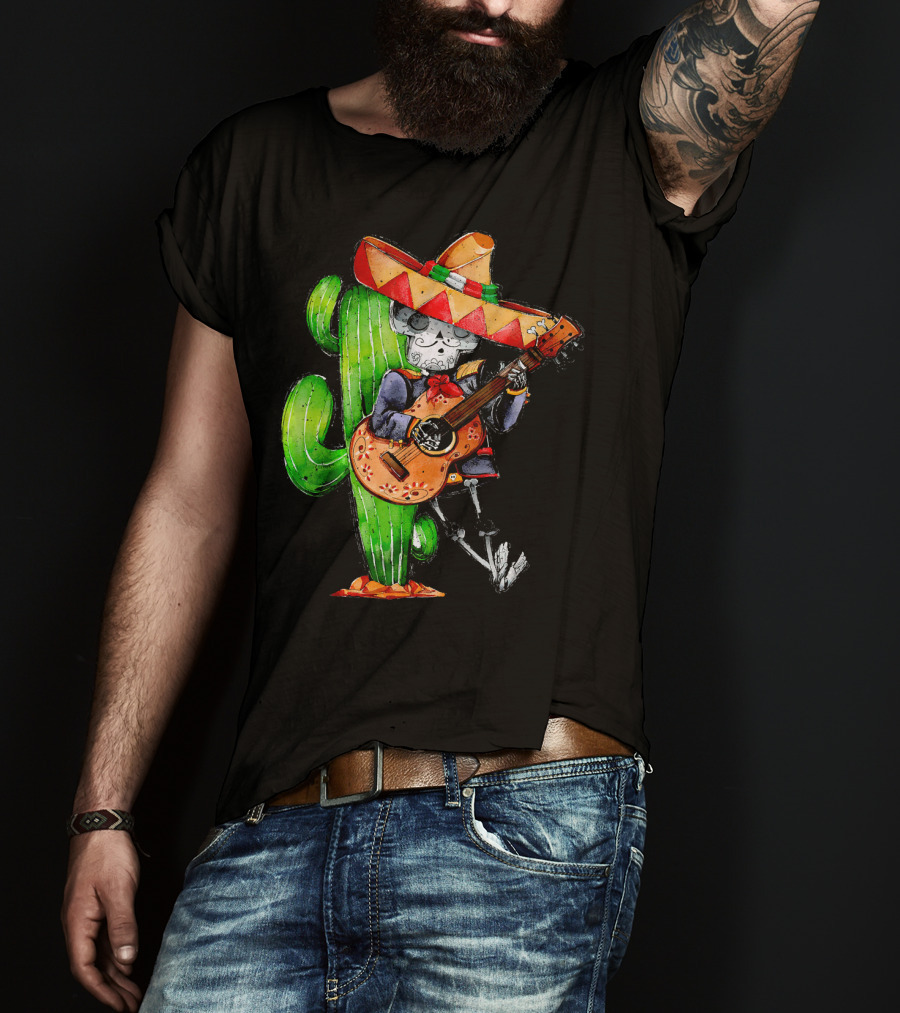 Mexican Independence Cinco De Mayo Mariachi Skeleton With Sombrero And Guitar T-Shirt