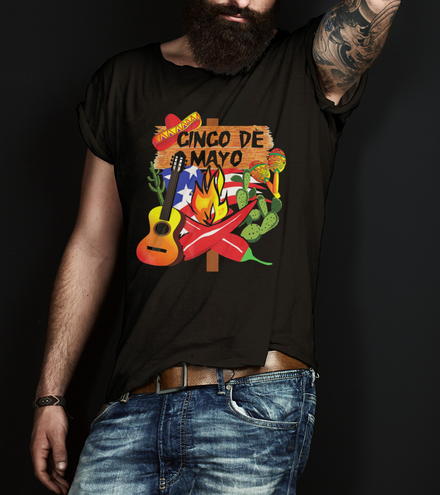 Cinco De Mayo America Loves Mexico With Sombrero Guitar Peppers Cactus And Maracas T-Shirt