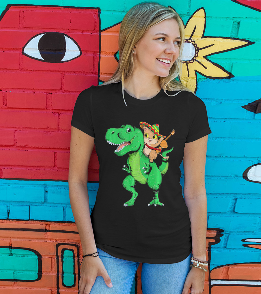 Cinco De Mayo Cat With Sombrero Riding T-Rex T-Shirt