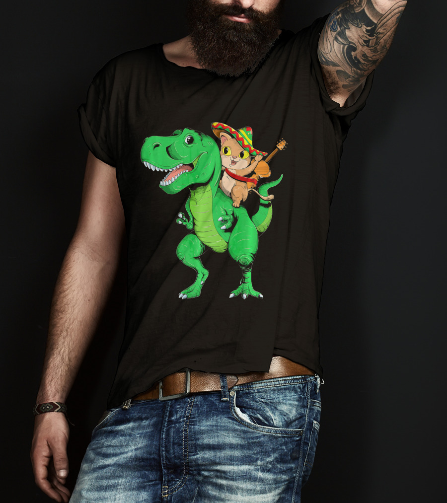Cinco De Mayo Cat With Sombrero Riding T-Rex T-Shirt