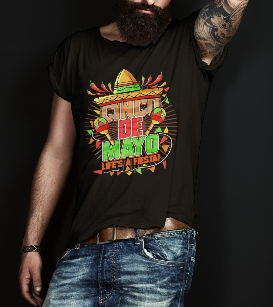 Cinco De Mayo Life's A Fiesta Sombrero Maracas Chili Peppers T-Shirt