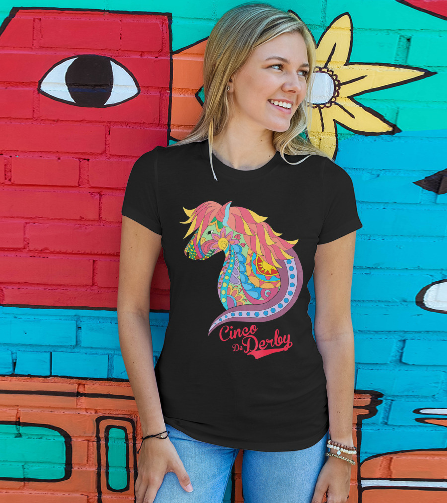 Cinco De Derby Colorful Horse Motif T-Shirt