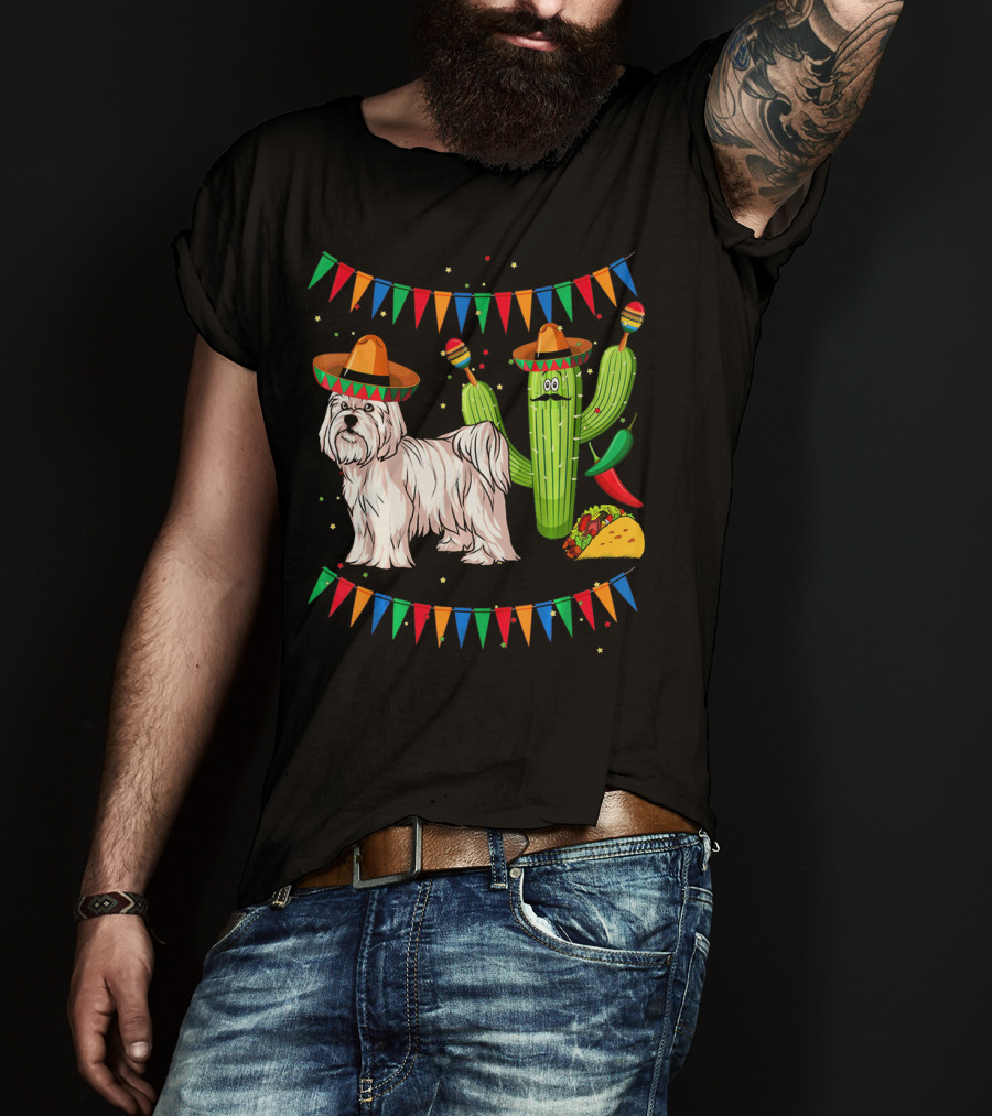 Maltese Dog Sombrero Mexico Cinco De Mayo Cactus Taco Fiesta T-Shirt