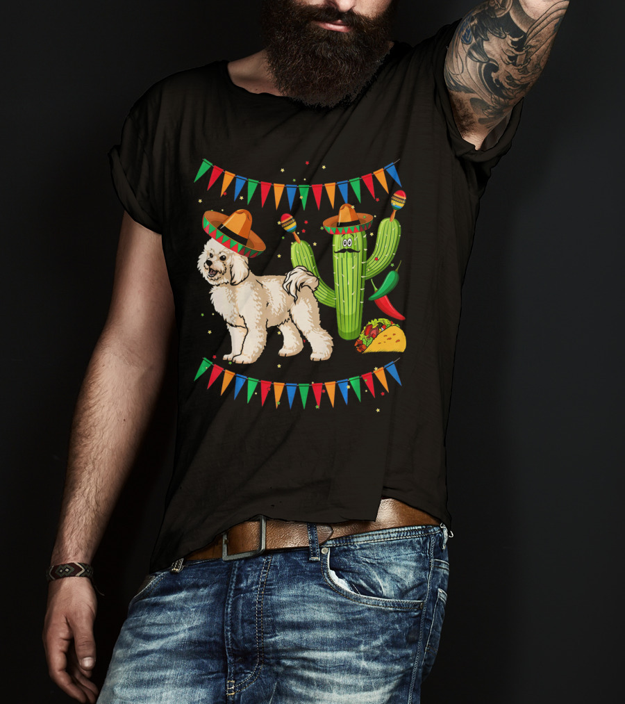 Sombrero Bichon Frise Dog And Cactus With Maracas Mexico Cinco Fiesta T-Shirt