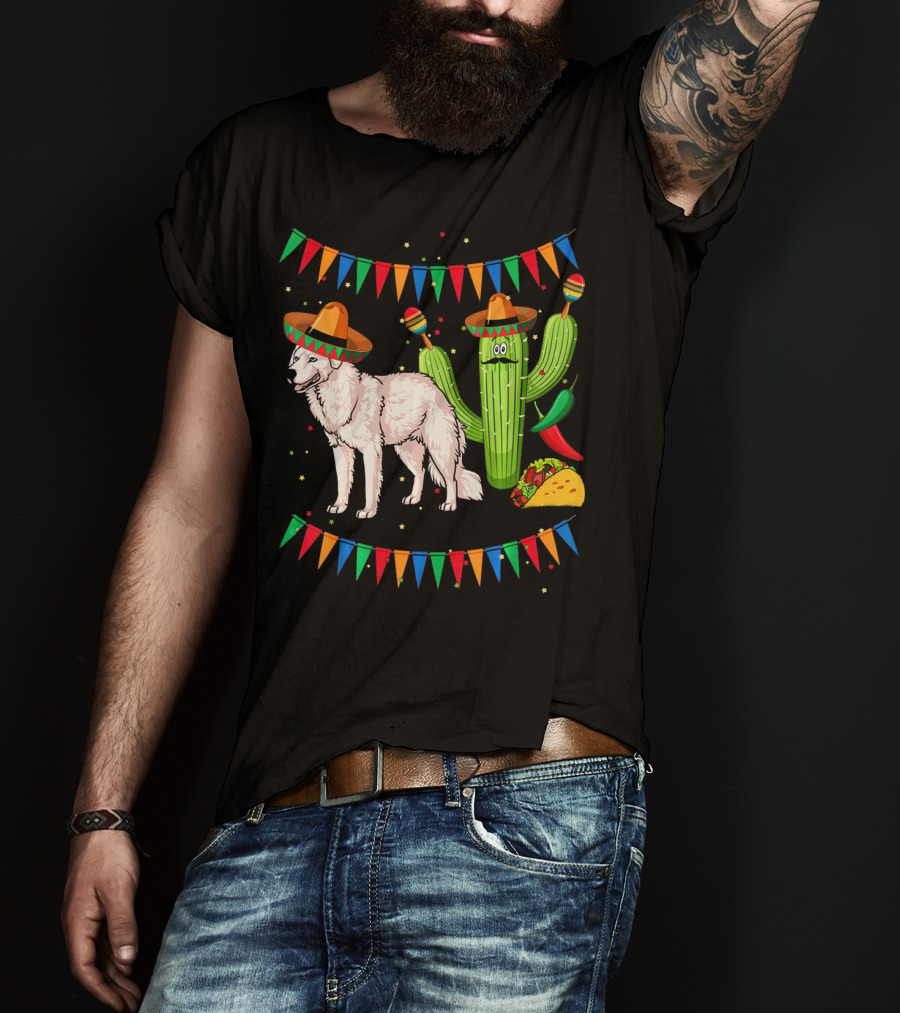 Sombrero Kuvasz Dog Mexican Fiesta With Cactus And Taco Cinco De Mayo T-Shirt