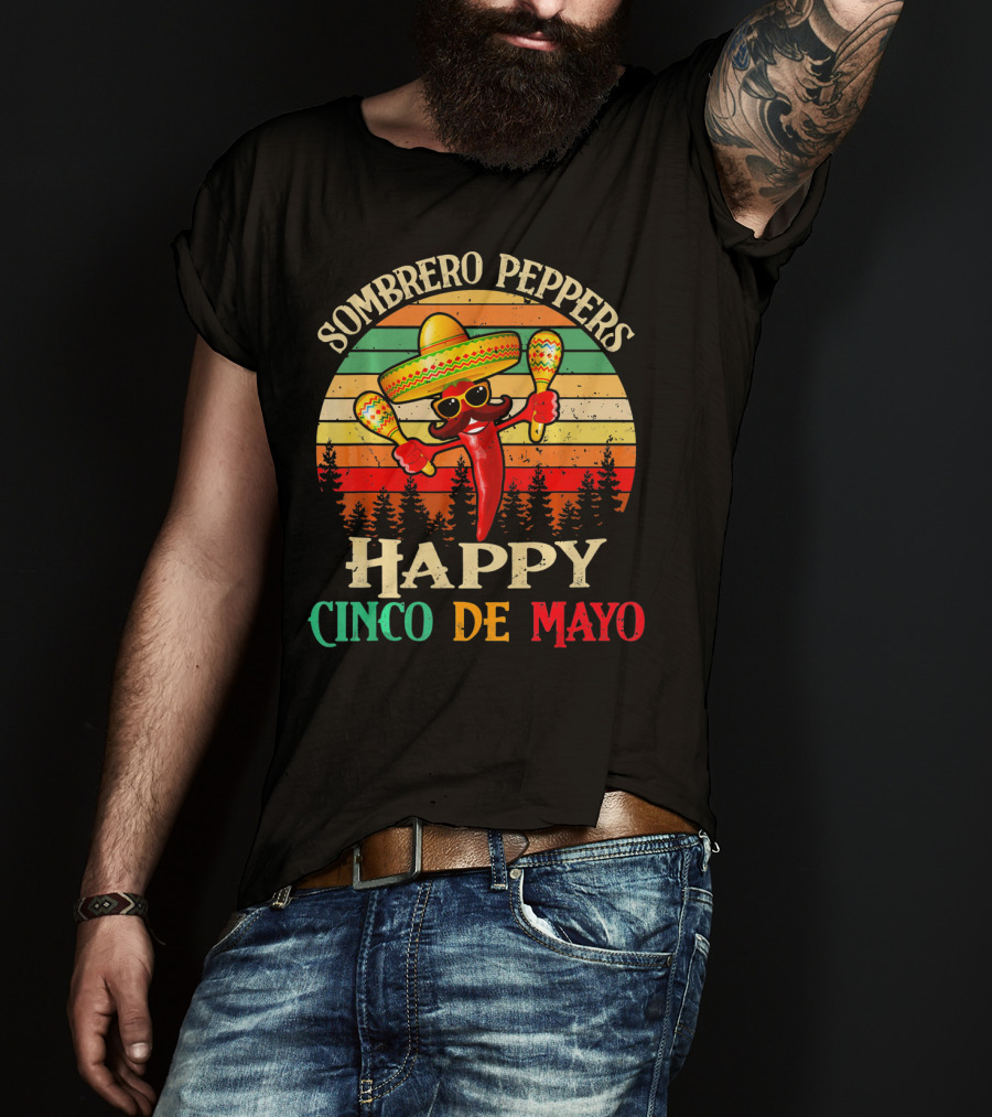 Sombrero Peppers Happy Cinco De Mayo Vintage Sunset T-Shirt